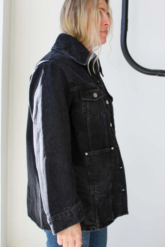  가니 데님 자켓 리지드 데님 미디 재킷 워시드 블랙 - GANNI