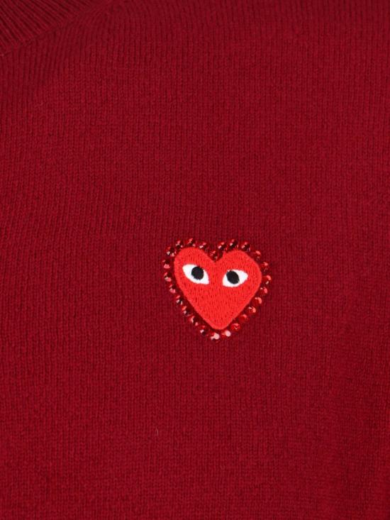 25FW 꼼데가르송 플레이 레드 하트 x 라인스톤 라운드 넥 가디건 AX N802 0514 Red - COMME DES GARCONS