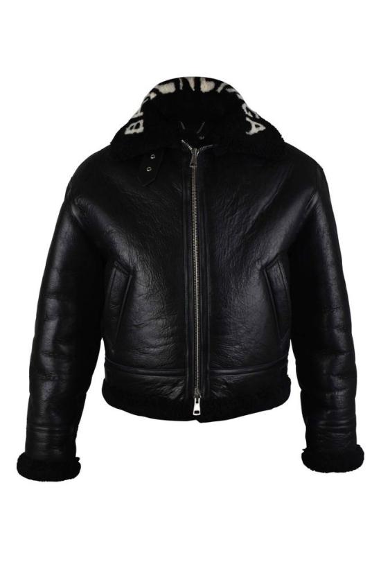  발렌시아가 자켓 광택 있는 블랙 가죽 및 울 봄버 재킷