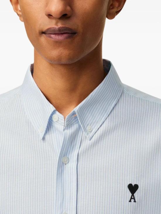 26SS 아미 스몰 하트 로고 스트라이프 코튼 옥스포드 버튼 다운 셔츠 HSH763CO0087 475BLEUBLANC - AMI