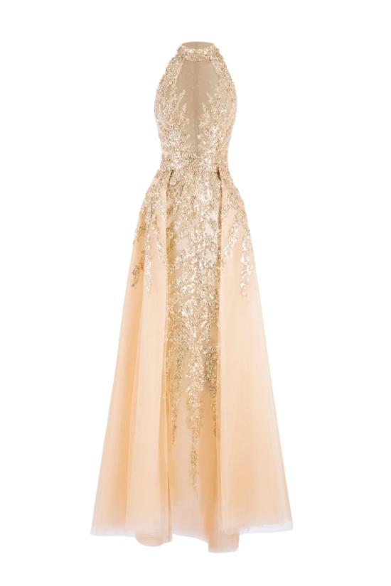  사이드 코베이시 롱 원피스 금색 비즈 장식 롱 드레스