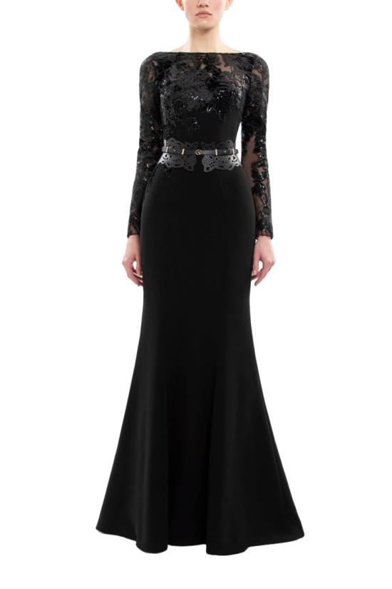  사이드 코베이시 롱 원피스 자수 장식 크레이프 드레스 (가죽 벨트 포함)