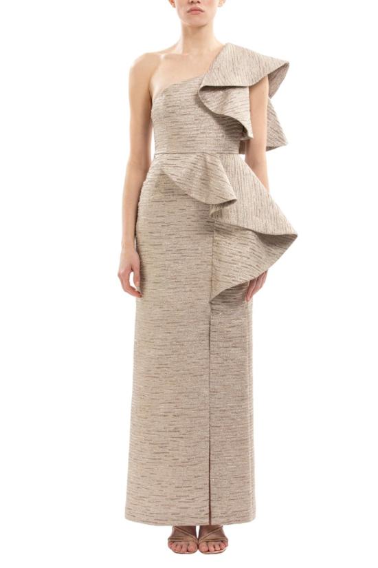  사이드 코베이시 롱 원피스 러플 장식의 연한 금색 브로케이드 드레스