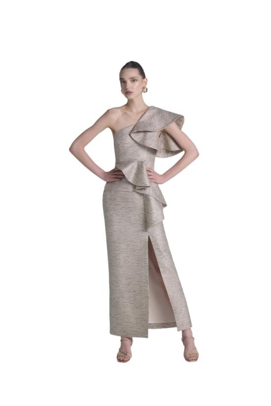  사이드 코베이시 롱 원피스 러플 장식의 연한 금색 브로케이드 드레스 - SAIID KOBEISY