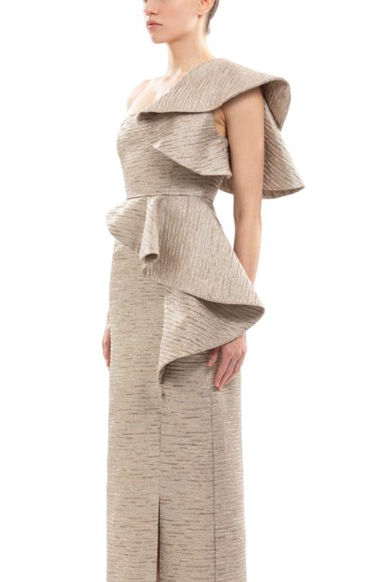  사이드 코베이시 롱 원피스 러플 장식의 연한 금색 브로케이드 드레스 - SAIID KOBEISY