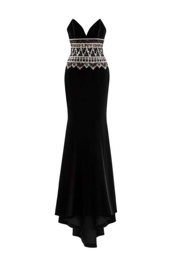  사이드 코베이시 롱 원피스 자수 디테일이 있는 스트랩리스 드레스