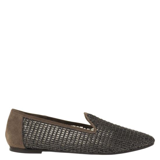 26SS 브루넬로 쿠치넬리 스웨이드 프레셔스 네트 자수 플랫 슈즈 MZSFC3172 BROWN