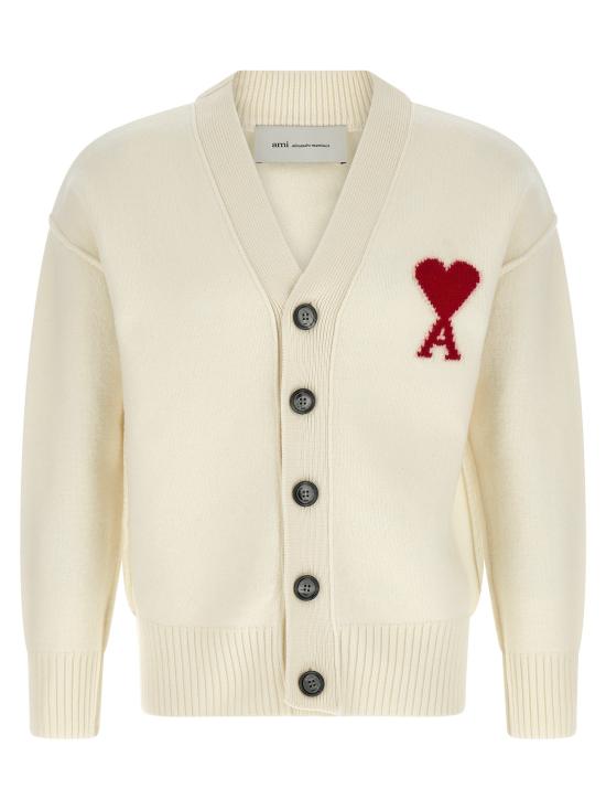 26SS 아미 하트 로고 인타르시아 V넥 가디건 UKC367018154 White