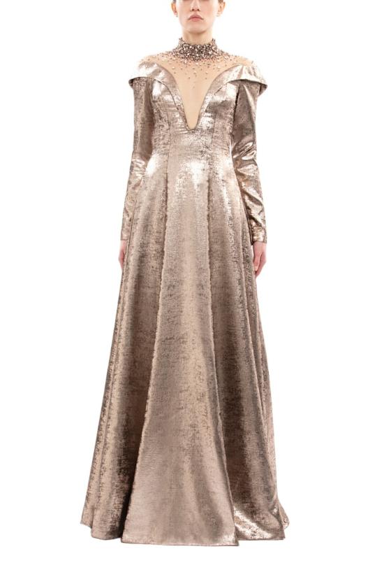  사이드 코베이시 롱 원피스 장식이 돋보이는 오프숄더 라메 드레스 - SAIID KOBEISY