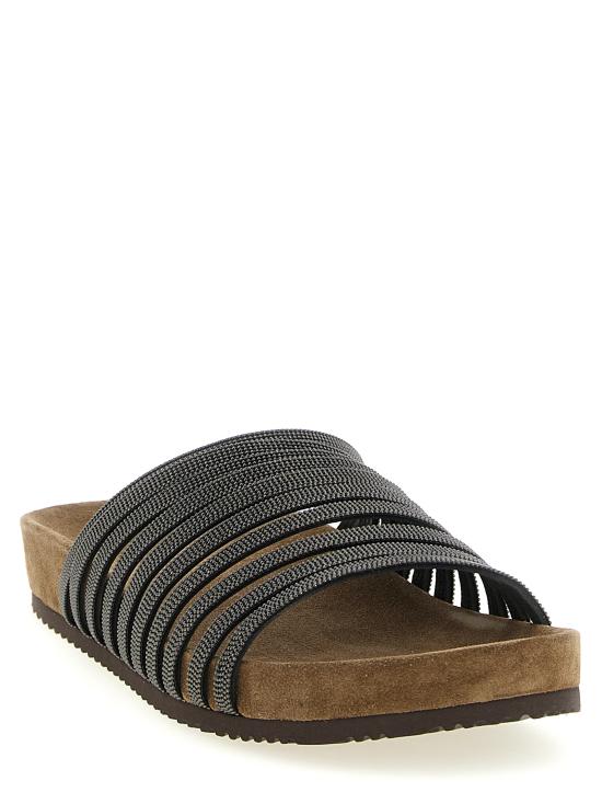 26SS 브루넬로 쿠치넬리 프레셔스 스트랩 스웨이드 슬라이드 MZGAG3157C101 Black - BRUNELLO CUCINELLI