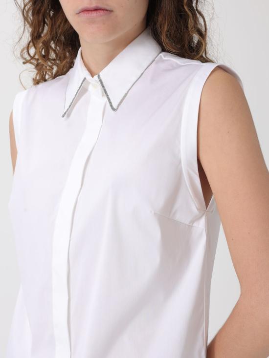 26SS 브루넬로 쿠치넬리 샤이니 트리밍 스트레치 코튼 포플린 슬리브리스 셔츠 M0091MA616 C159 White - BRUNELLO CUCINELLI