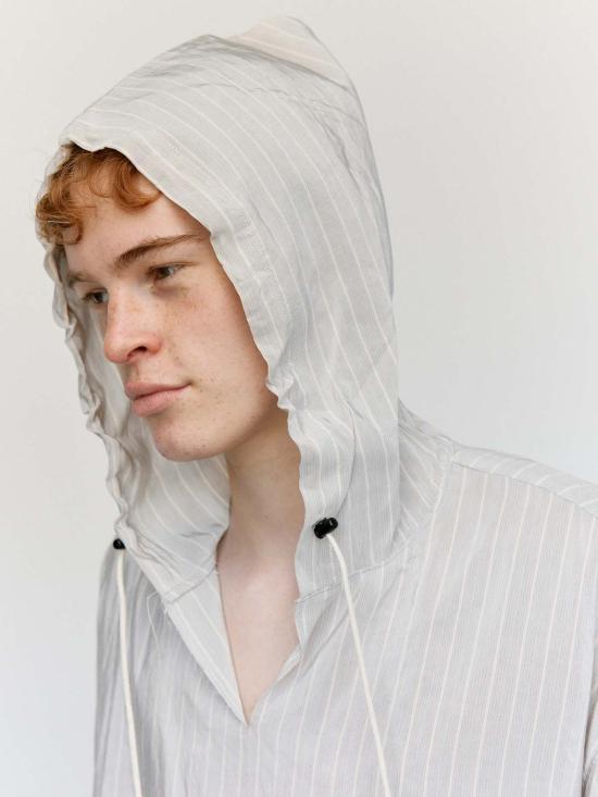  카미엘 포트젠스 자켓 Camiel Fortgens 그레이 & 화이트 스트라이프 리넨 오버헤드 재킷 - CAMIEL FORTGENS