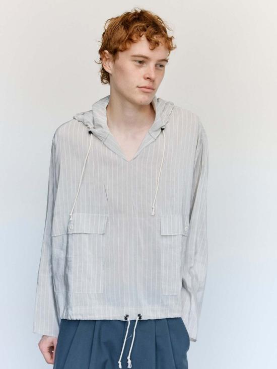  카미엘 포트젠스 자켓 Camiel Fortgens 그레이 & 화이트 스트라이프 리넨 오버헤드 재킷 - CAMIEL FORTGENS