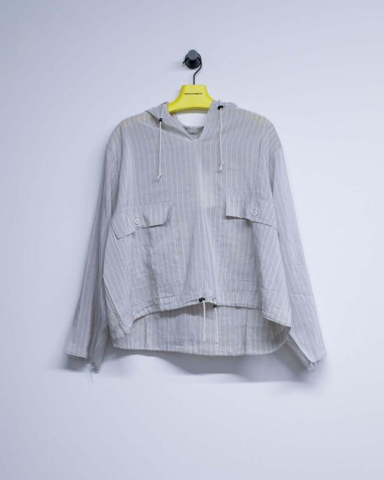  카미엘 포트젠스 자켓 Camiel Fortgens 그레이 & 화이트 스트라이프 리넨 오버헤드 재킷 - CAMIEL FORTGENS