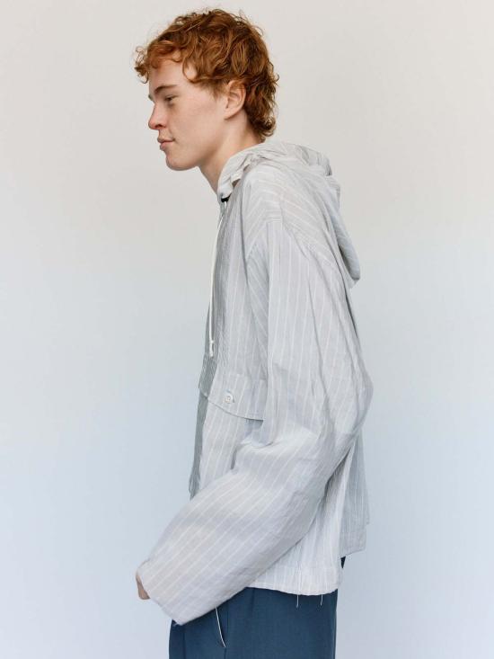  카미엘 포트젠스 자켓 Camiel Fortgens 그레이 & 화이트 스트라이프 리넨 오버헤드 재킷 - CAMIEL FORTGENS