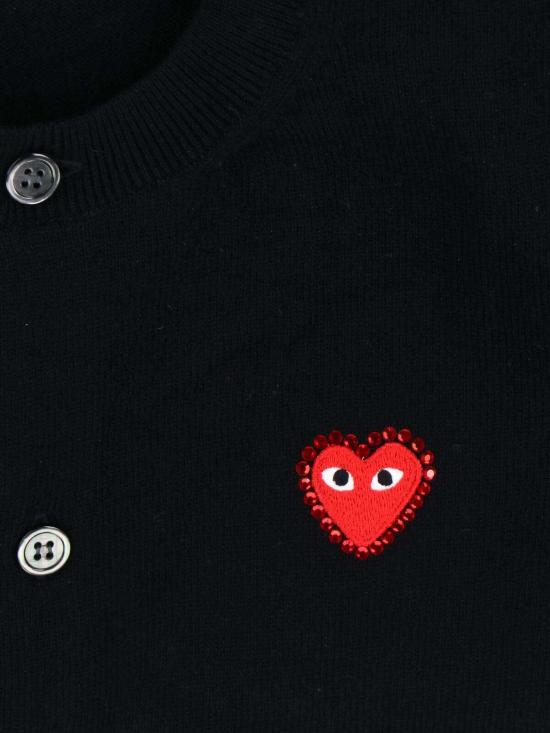 25FW 꼼데가르송 플레이 레드 하트 x 라인스톤 라운드 넥 가디건 AXN8020511 Black - COMME DES GARCONS