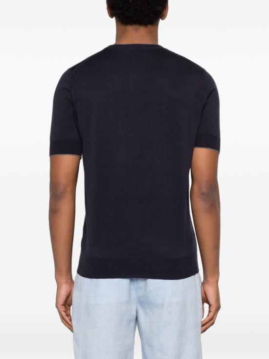 26SS 브루넬로 쿠치넬리 콘트라스트 디테일 코튼 니트 티셔츠 M29805200CET50 BLUE - BRUNELLO CUCINELLI