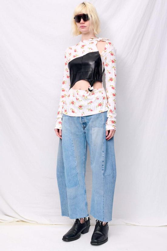  지모 블라우스 화이트 플로럴 저지 노츠 핀턱 탑 - ZIMO