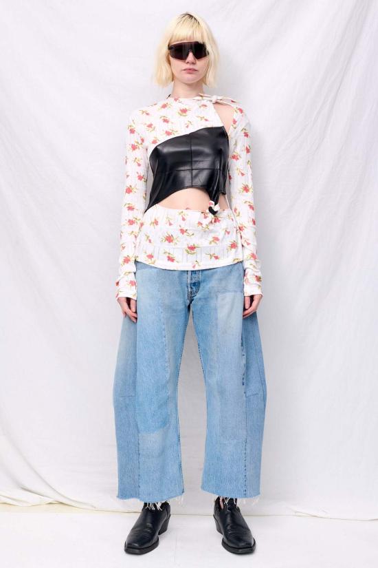  지모 블라우스 화이트 플로럴 저지 노츠 핀턱 탑 - ZIMO