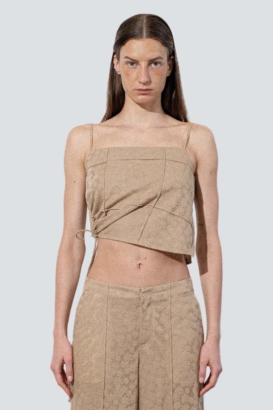  지모 민소매 티셔츠 페일 카키 자카드 플로럴 니트 핀턱 탱크탑