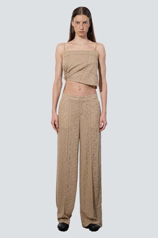  지모 민소매 티셔츠 페일 카키 자카드 플로럴 니트 핀턱 탱크탑 - ZIMO