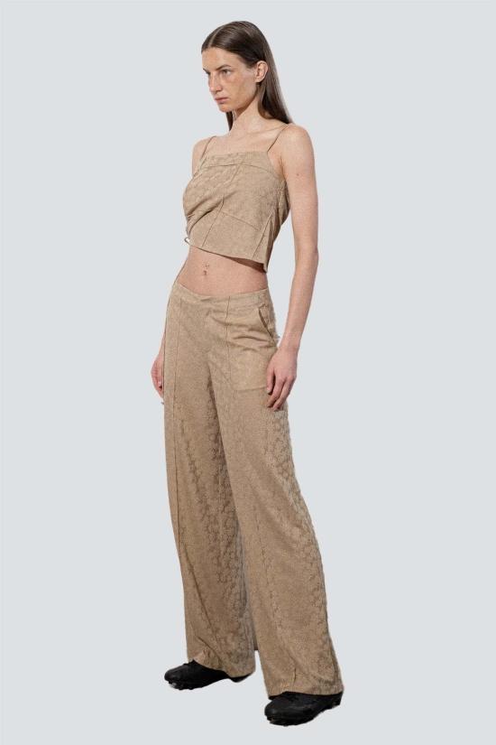  지모 민소매 티셔츠 페일 카키 자카드 플로럴 니트 핀턱 탱크탑 - ZIMO