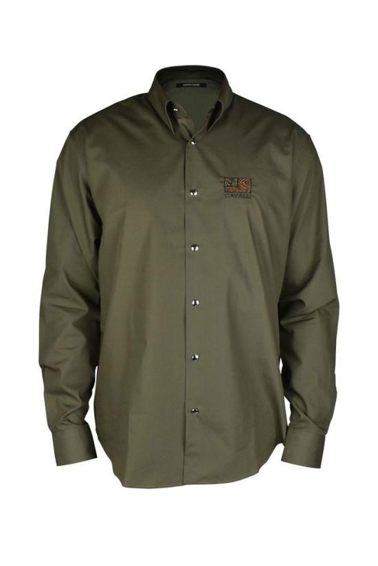  로베르토 카발리 셔츠 동물 패치워크 자수 카키