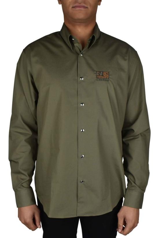  로베르토 카발리 셔츠 동물 패치워크 자수 카키 - ROBERTO CAVALLI