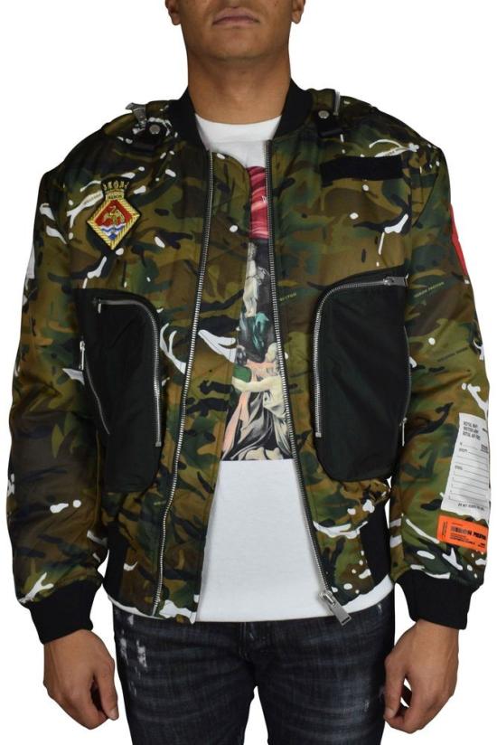  헤론 프레스톤 봄버 자켓 오렌지색 안감이 있는 카키색 위장 무늬 봄버 재킷 - HERON PRESTON
