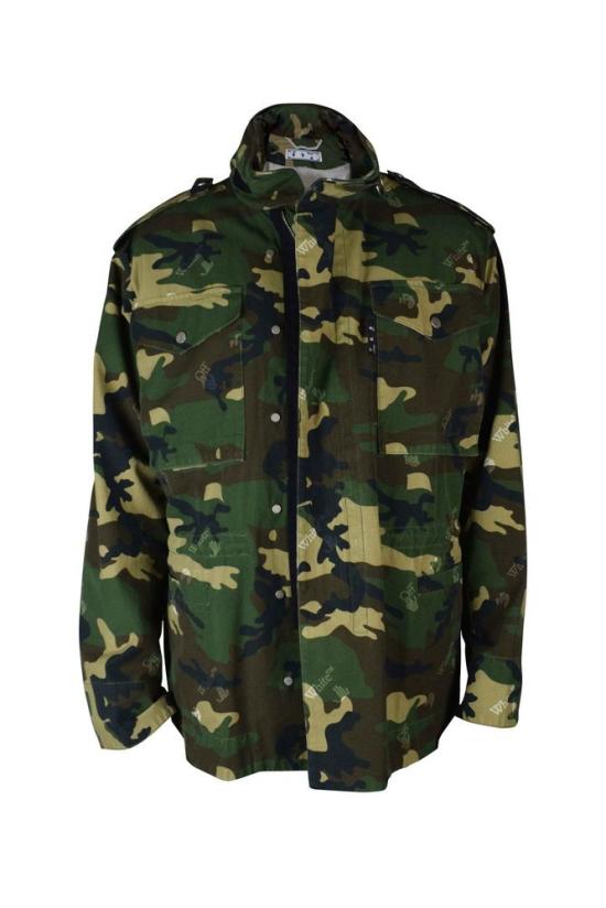  오프화이트 자켓 카키색 위장 무늬 지퍼 재킷