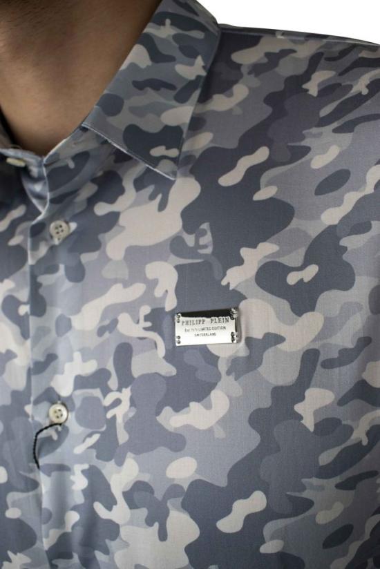  필립 플레인 셔츠 회색 밀리터리 위장 , 자개 단추 포함 - PHILIPP PLEIN