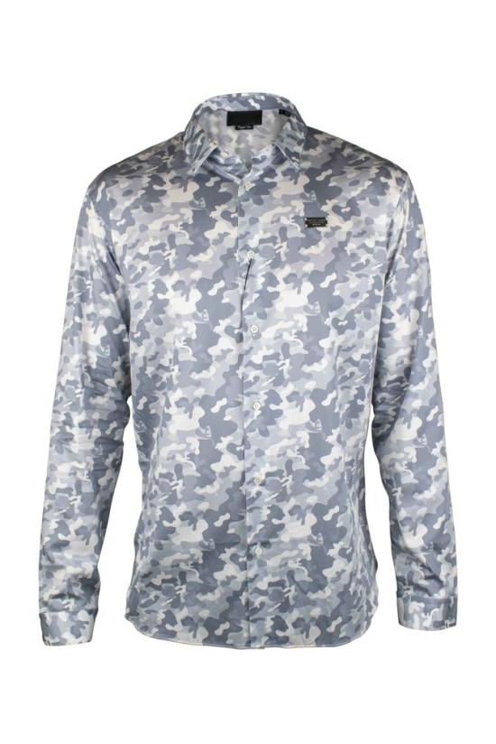  필립 플레인 셔츠 회색 밀리터리 위장 , 자개 단추 포함
