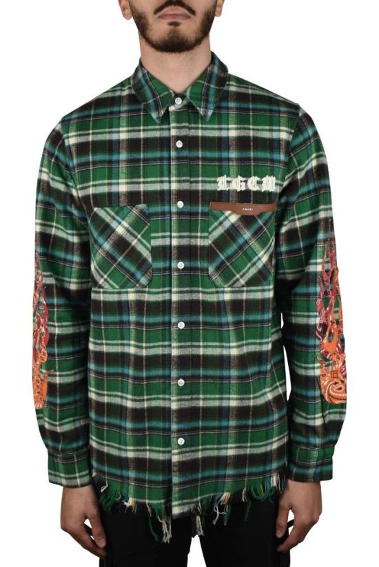  아미리 셔츠 녹색과 파란색 체크 오버 - AMIRI
