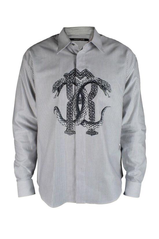  로베르토 카발리 셔츠 세로로 파란색과 흰색 줄무늬가 있는