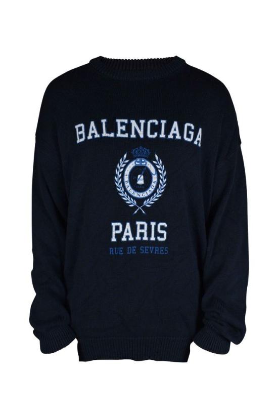  발렌시아가 니트웨어 로고 프린트가 있는 네이비 블루 니트 스웨터