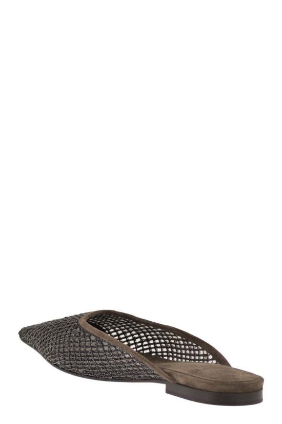 26SS 브루넬로 쿠치넬리 스웨이드 프레셔스 네트 자수 플랫 슈즈 MZSFC3177 C8769 GREY - BRUNELLO CUCINELLI