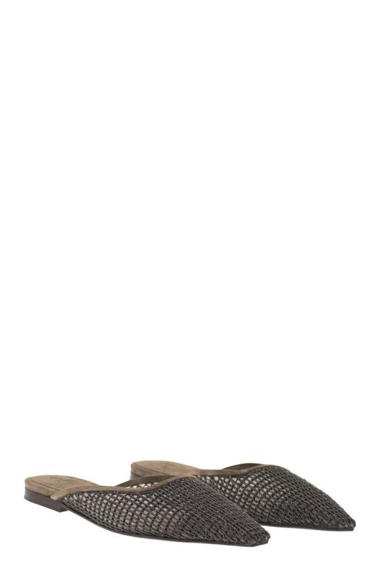 26SS 브루넬로 쿠치넬리 스웨이드 프레셔스 네트 자수 플랫 슈즈 MZSFC3177 C8769 GREY - BRUNELLO CUCINELLI