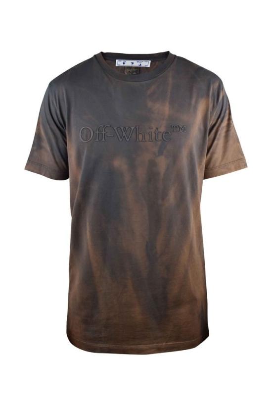  오프화이트 반팔 티셔츠 워싱 처리된 갈색 면 티셔츠