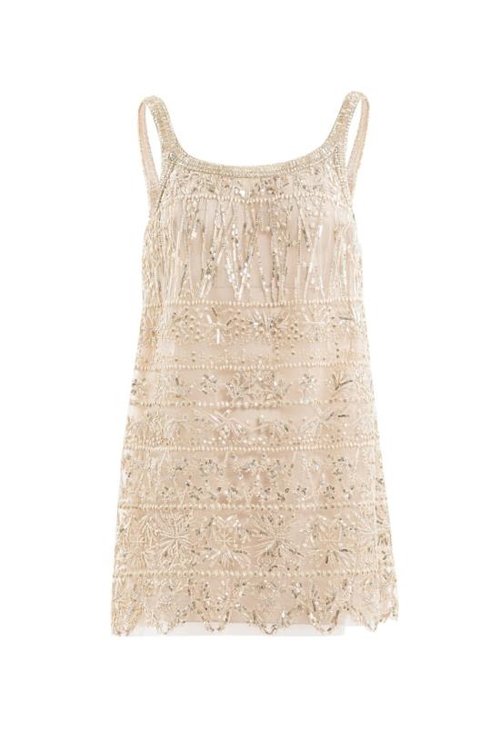  사이드 코베이시 숏 원피스 섬세한 금색 자수 장식이 돋보이는 스캘럽 헴라인 미니 드레스