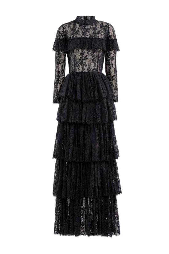  사이드 코베이시 롱 원피스 섬세한 블랙 레이스 맥시 드레스 (레이어드 스커트 포함)