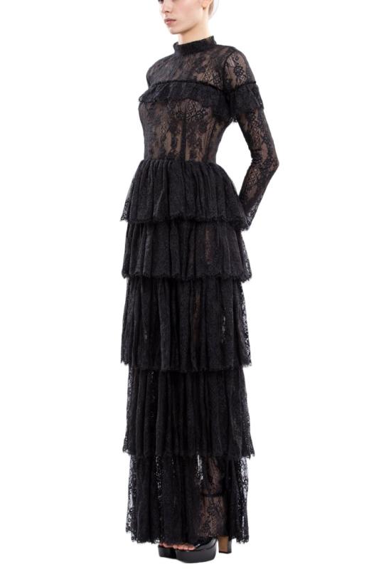  사이드 코베이시 롱 원피스 섬세한 블랙 레이스 맥시 드레스 (레이어드 스커트 포함) - SAIID KOBEISY