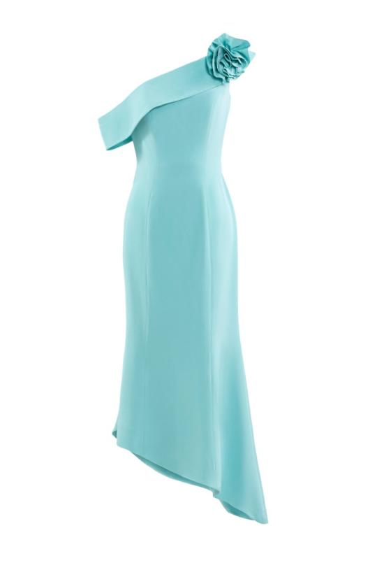  사이드 코베이시 원피스 탈부착 가능한 꽃 장식이 있는 비대칭 디자인의 안티구아 샌드 미디 드레스