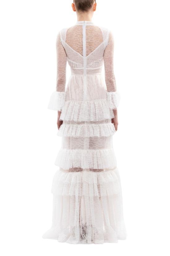  사이드 코베이시 원피스 오프화이트 레이스 맥시 드레스 (주름 스커트 및 긴 소매) - SAIID KOBEISY