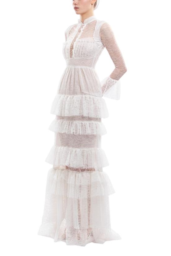  사이드 코베이시 원피스 오프화이트 레이스 맥시 드레스 (주름 스커트 및 긴 소매) - SAIID KOBEISY