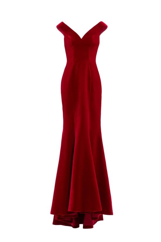  사이드 코베이시 롱 원피스 스쿠터 벨벳 소재의 머메이드 컷 오프숄더 롱 드레스