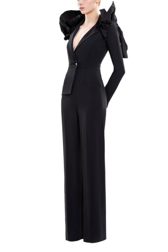  사이드 코베이시 점프수트 맞춤형 러플 장식이 돋보이는 비대칭 디자인의 제트 블랙 크레이프 - SAIID KOBEISY