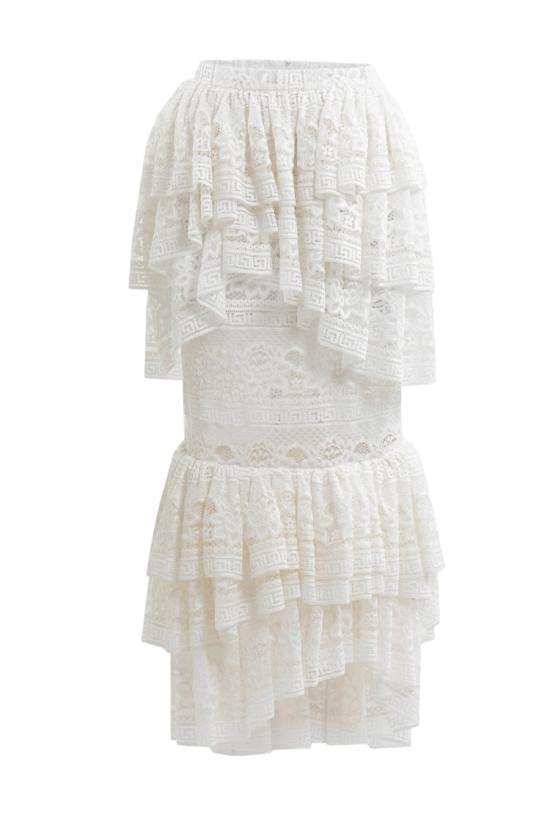  사이드 코베이시 블라우스 오프화이트 레이스 탑과 러플 미디 스커트 - SAIID KOBEISY