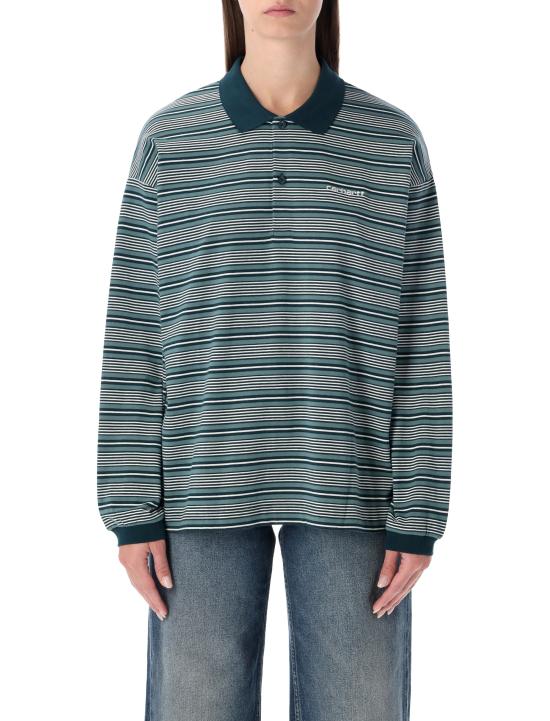 25FW 칼하트 WIP 폴로 티셔츠 I035530 37HXX DEEP LAGOON GREEN STRIPE