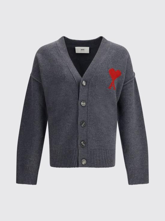 26SS 아미 하트 로고 인타르시아 V넥 가디건 UKC367018 084 Grey - AMI