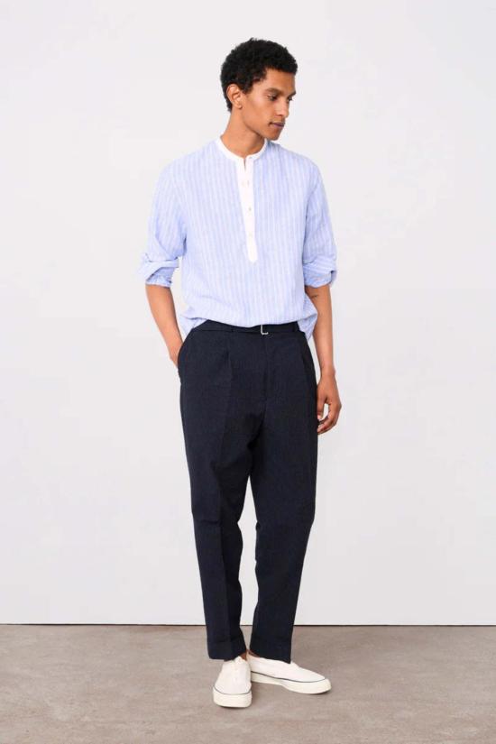  오피신 제네랄 스트레이트 팬츠 휴고 이탈리아 스트라이프 시어서커 팬츠 네이비 잉크 화이트 - OFFICINE GENERALE